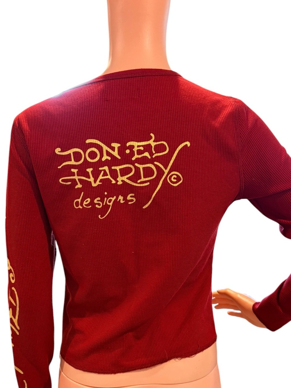 Ed Hardy Red Burgundy Long-Sleeve Shirt Tiger Graphic Waffle Knit Crop Top Large - Picture 3 of 9
